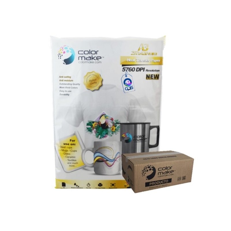 Papel para Sublimar A3 100g Secado Rápido Premium Paquete con 100 Hojas Color Make Caja con 10 paquetes